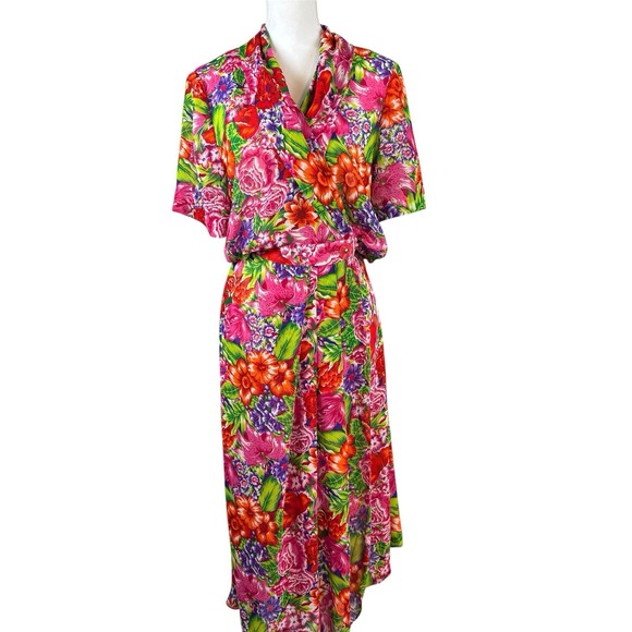 Vintage Leslie Fay‎ Womens Midi Wrap Dress Red Floral Short Sleeve Size 12 - Picture 2 of 7